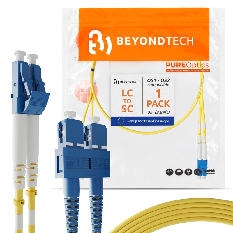 BEYONDTECH 3m (9.84ft) LC to SC Fiber Patch Cable â€“ UPC Single-Mode Duplex Fiber Optic Cable â€“ 9/125Âµm core, Compatible with OS1 & OS2 â€“ LSZH PUREOptics Series - Image 1
